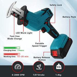 Reciprocating Saw 20V 2.0Ah Cordless Battery Powered Sawzall 8 Saw Baldes 0-2800SPM Variable Speed Electric Reciprocating Saw